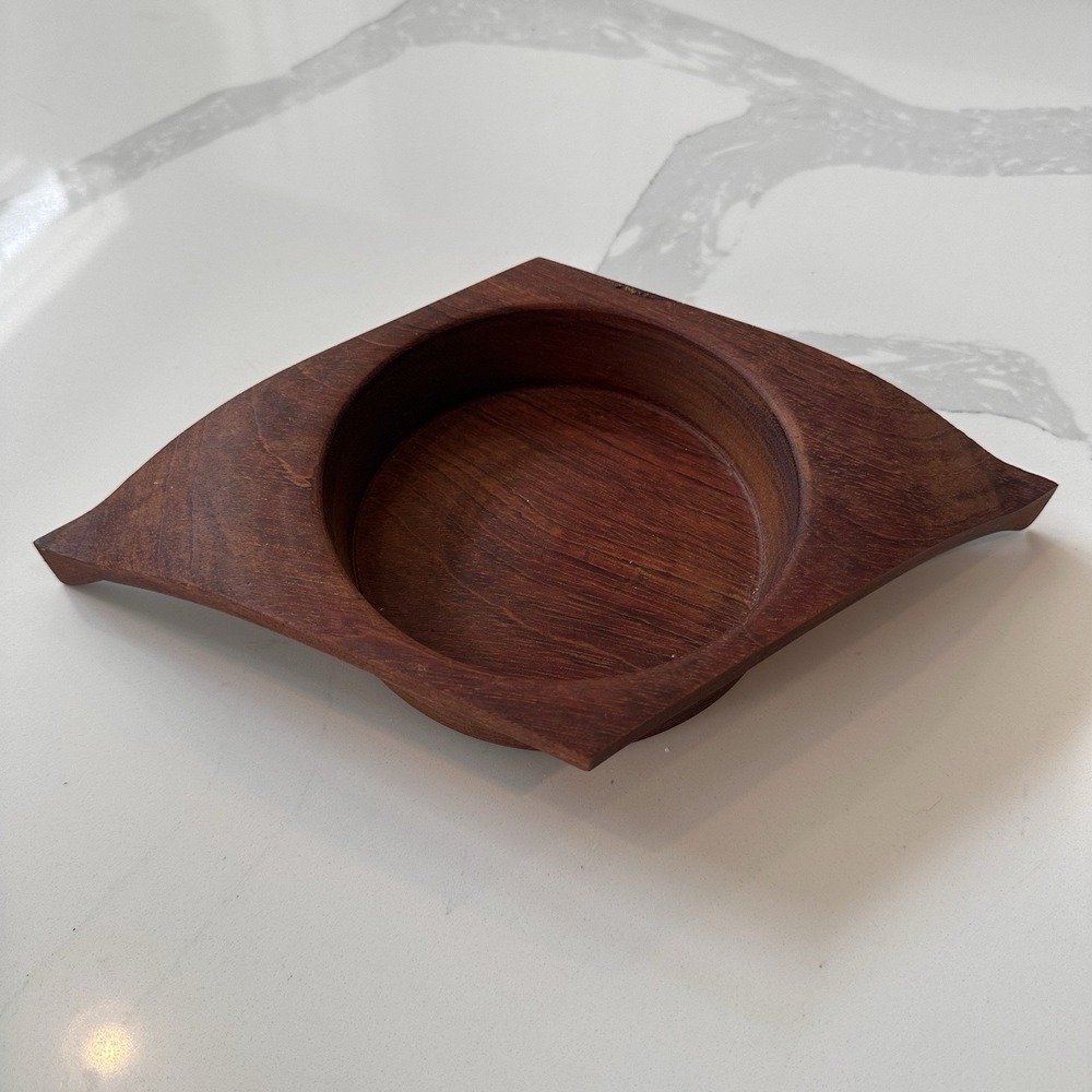 Vintage Mid-Century Modern Hand Turned Wood Valet Tray Winged Catch-All Bowl 10"